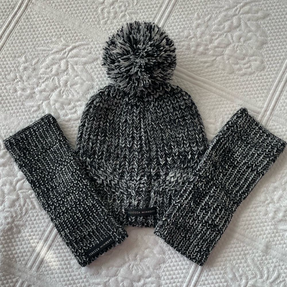 Rebecca Minkoff Marled Beanie & Hand/Arm Warmer Set Black/White Acrylic Knit - Picture 3 of 11